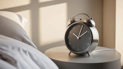 Relaxing morning light shines on a vintage clock beside a soft bed, creating a peaceful wake-up scene - Powered by Adobe