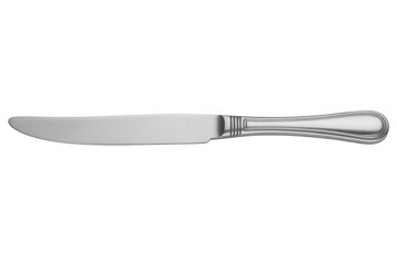 Silver metal dinner knife with ornate handle detail isolated on a transparent background