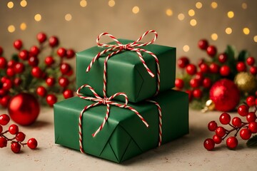 Green Christmas Gift Boxes with Red String and Festive Ornaments Holiday Background
