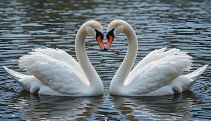 a pair of swans swim on water surface their necks and beaks become in shape of a heart