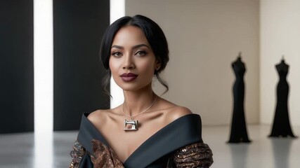 Model showcases elegant fashion in a modern gallery setting during a photoshoot