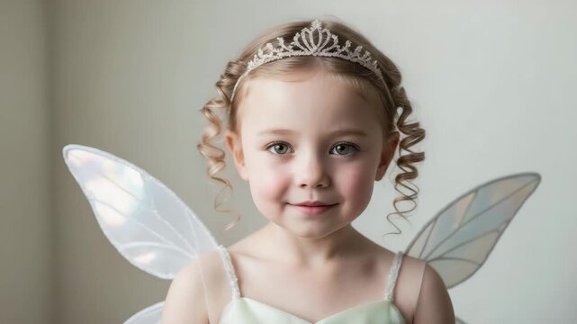 Little girl dressed as a fairy with sparkling wings and a crown in a bright room