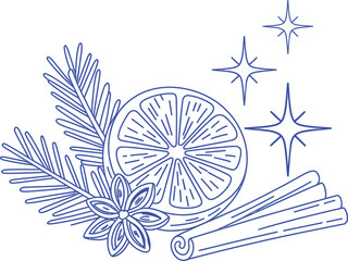 Blue line art of orange slice star anise cinnamon sticks and pine sprig