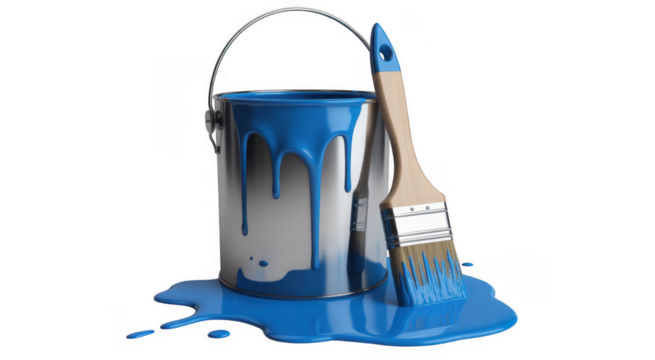 Silver paint can with blue paint dripping and paintbrush isolated on a transparent background - Powered by Adobe