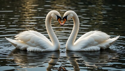 a pair of swans swim on water surface thier necks and beaks become in shape of a heart