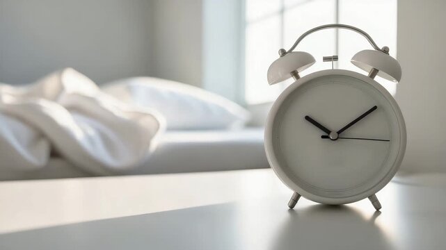 Morning routine with a clock reminding to start the day in a bright bedroom