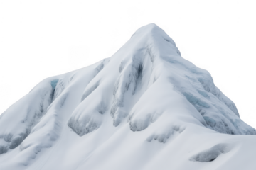 Snow covered mountain peak with ice formations isolated on a transparent background