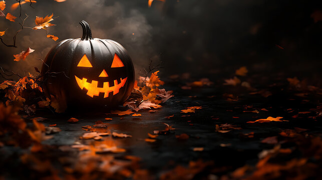 A spooky Halloween social media post template featuring pumpkin and halloween elements, black background, banner design with large copy space at the top right corner - Powered by Adobe