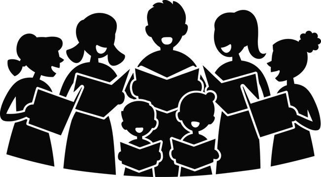 Black silhouette of a diverse group of people singing from books