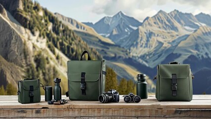Showcasing practical outdoor backpacks and accessories set in a breathtaking mountain environment, perfect for adventure enthusiasts