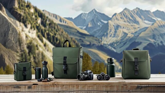 Showcasing practical outdoor backpacks and accessories set in a breathtaking mountain environment, perfect for adventure enthusiasts