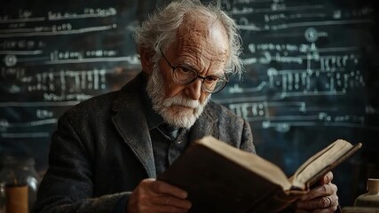 ancient old man reading a book on a background with science formulas concept  - Powered by Adobe