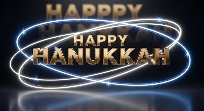 Happy hanukkah celebration with glowing orbits and golden text on dark background - Powered by Adobe