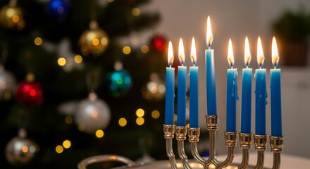 Hanukkah menorah with lit candles and christmas tree in background