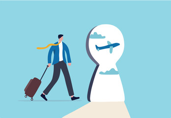 Air travel and tourism hope to return after COVID-19 Coronavirus outbreak concept, businessman traveller with luggage walk in the airport looking at keyhole with flying airplane outside.