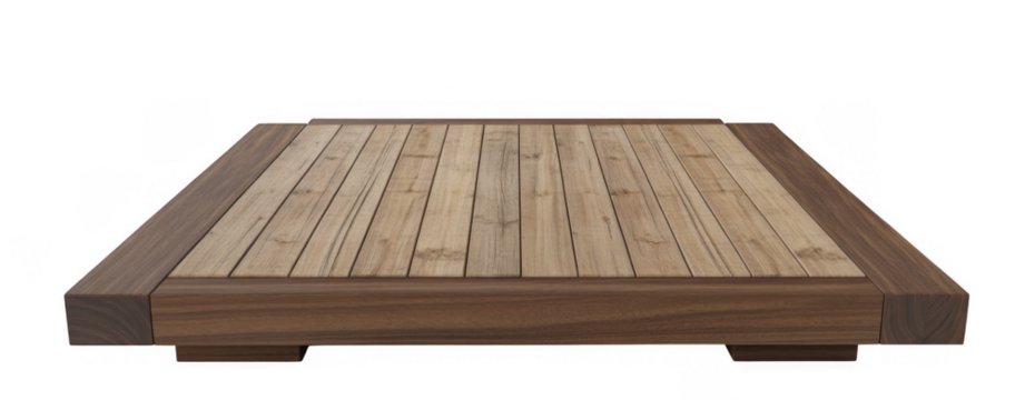Square wooden platform with bamboo inlay isolated on a transparent background