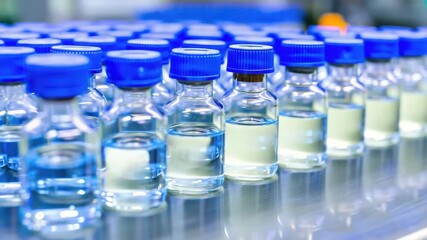 Clear liquid is being filled into small vials with blue caps, highlighting the sterile environment and meticulous production standards - Powered by Adobe