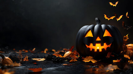 A spooky Halloween social media post template featuring pumpkin and halloween elements, black background, banner design