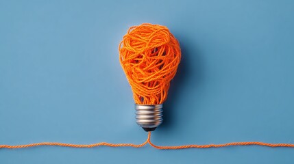 A creative representation of an idea: An orange yarn shaped to resemble a light bulb, set against a blue background. The yarn shows ingenuity and resourcefulness.