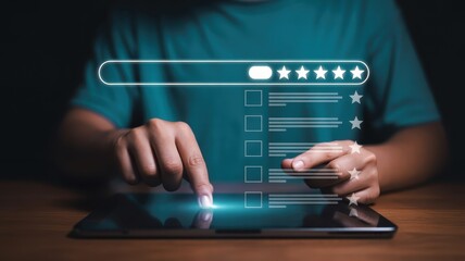 Person interacts with digital interface displaying a five-star rating system on a handheld device