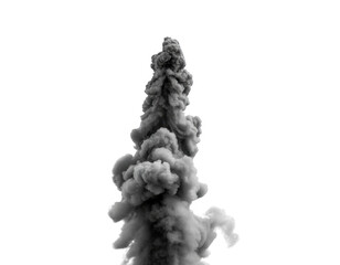 Tall plume of grey smoke rising against black background isolated on a transparent background