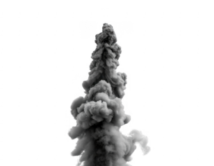Tall plume of grey smoke rising against black background isolated on a transparent background