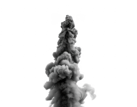 Tall plume of grey smoke rising against black background isolated on a transparent background