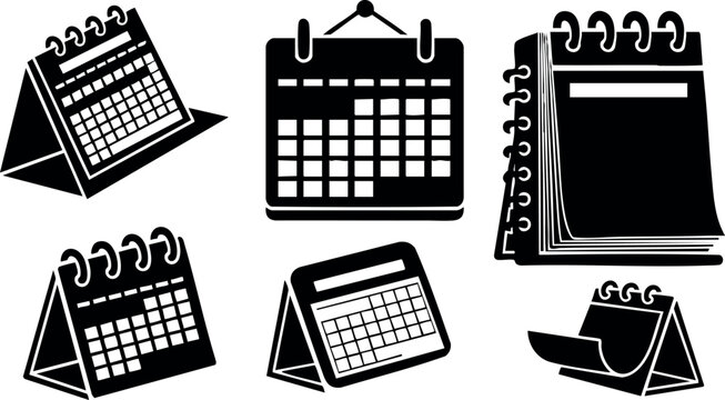 Black silhouette calendar icons collection with different styles and orientations