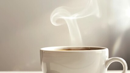 A white ceramic mug filled with a hot beverage with a delicate wisp of steam rising against a soft-focus background