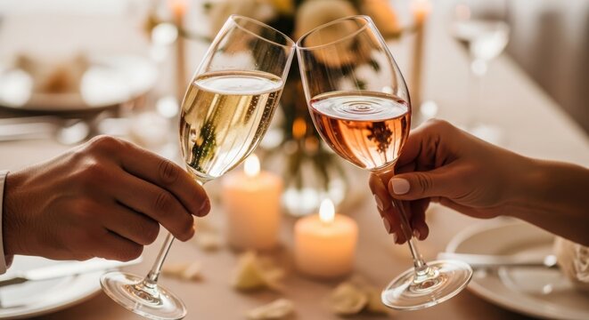 Toast with champagne in glasses at celebration event, romantic. Festive toast with champagne in glasses at an event, candles and floral decor. - Powered by Adobe
