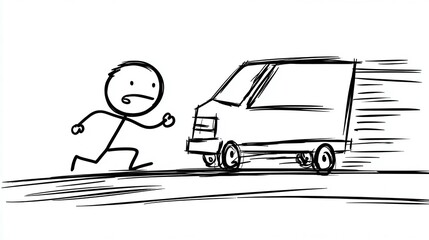 Stick figure desperately chases after a speedy delivery van, his simple face a mask of worry. Black and white sketch style emphasizes the humorous and urgent pursuit.