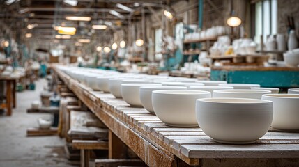 Row of unglazed ceramic bowls aligned on a wooden table inside of a pottery manufacturing plant with shelves of pottery in the background with visible ceiling lights and windows.