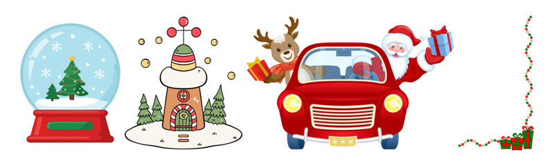 Whimsical christmas scene with santa, reindeer, snow globe, and festive decorations on white