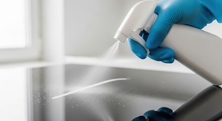 Cleaning the sink with disinfectant spray, gloved hand holds spray bottle. Cleaning sink is necessary for preventing the spread of illness. Clean sink after contact, or other high touch surfaces.