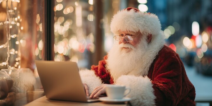 Santa Claus working on a laptop in a cozy cafe. Urban winter backdrop, soft bokeh, coffee cup nearby, festive business concept. - Powered by Adobe