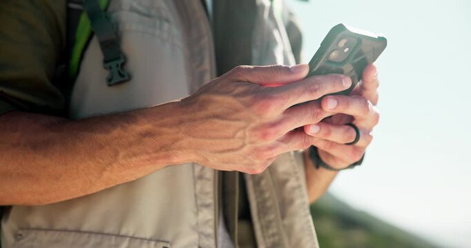 Hiking, outdoor or hands typing with phone for route information, navigation app and digital trail map. Location sharing, fitness or person check website for trekking direction, mobile or connection