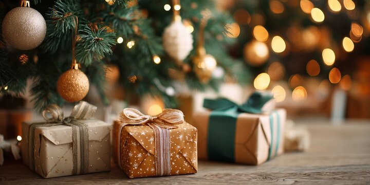 Wrapped gifts under a decorated Christmas tree, glowing with warm lights. Concept: holiday preparation, consumerism, festivity, abundance, symbolic giving.