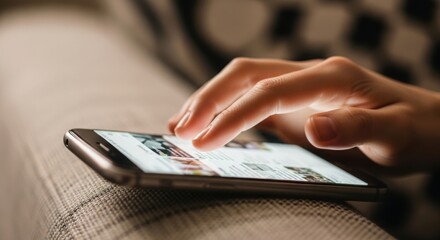 Mobile device in hand for communication and entertainment, mobile device displays news and social media apps. Operating mobile device makes connection easy and provides diverse functionalities.