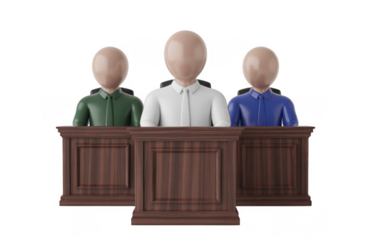 Three faceless figures in shirts behind wooden podiums isolated on a transparent background - Powered by Adobe