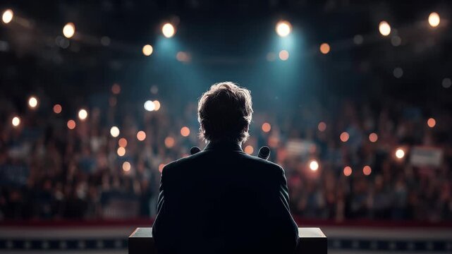Crowd gathers to hear speaker at political event with bright lights and enthusiastic supporters