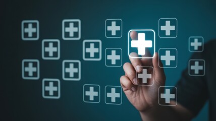 Human finger interacts with glowing medical plus sign icons on a digital interface
