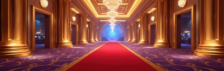 Grand casino hall interior, luxurious gold columns and chandeliers light red carpet pathway. Plush purple carpet floor has ornate patterns. VIP entrance opens into opulent gaming room.