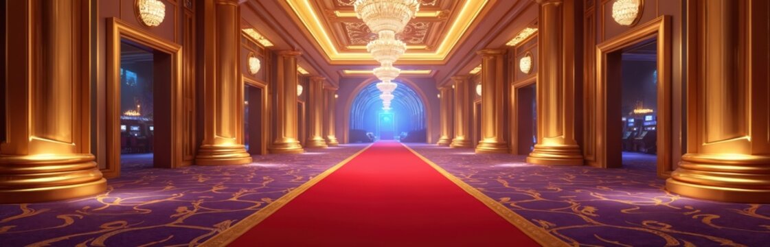 Grand casino hall interior, luxurious gold columns and chandeliers light red carpet pathway. Plush purple carpet floor has ornate patterns. VIP entrance opens into opulent gaming room. - Powered by Adobe