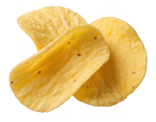 Three yellow potato chips with brown speckles isolated on a transparent background