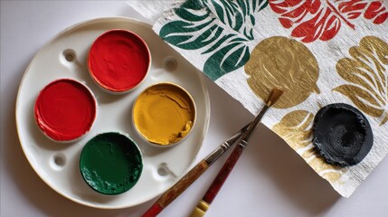 Artistic painting supplies with colorful paints and brushes for creative projects