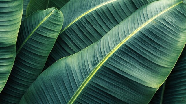 Lush green banana leaves present a vibrant, tropical aesthetic, perfect for adding a touch of nature to any space. The close-up shot highlights intricate textures and vibrant hues.