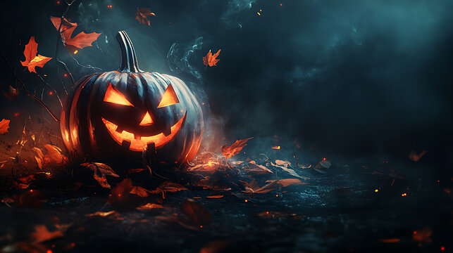 A spooky Halloween social media post template featuring pumpkin and halloween elements, black background, banner design with large copy space at the top right corner