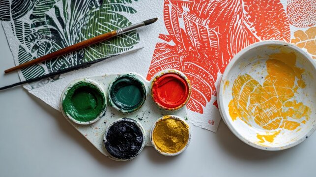 Creative art workshop with linocut tools and colorful paints for printmaking, Black History Month - Powered by Adobe