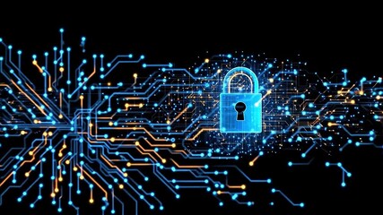 Glowing digital padlock with circuit connections illustrating cybersecurity concept