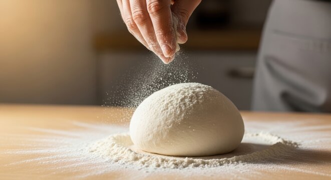 Spreading flour over dough for baking preparation on wooden surface, baking preparation shown close up, with light streaming across kitchen table. Spreading flour adds a touch of texture,